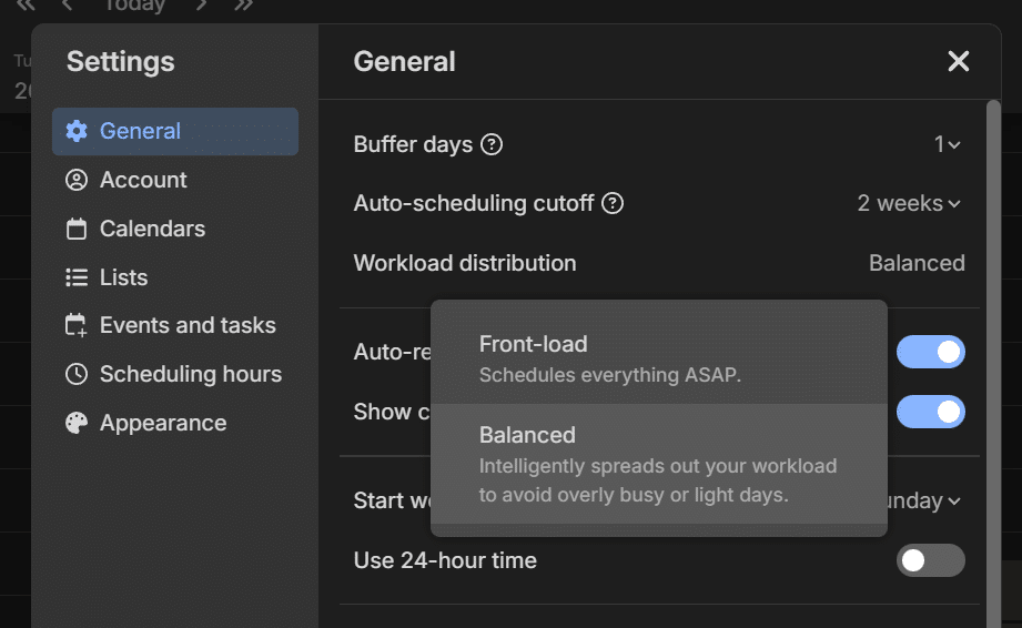 FlowSavvy's settings view showing 2 options: Front-load (schedules everything ASAP) and Balanced (Intelligently spreads out your workload to avoid overly busy or light days)