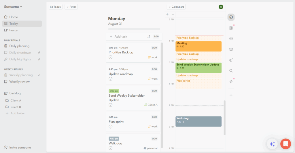 Sunsama's "Today" view, showing a list of tasks on the left, and the calendar day view on the right.