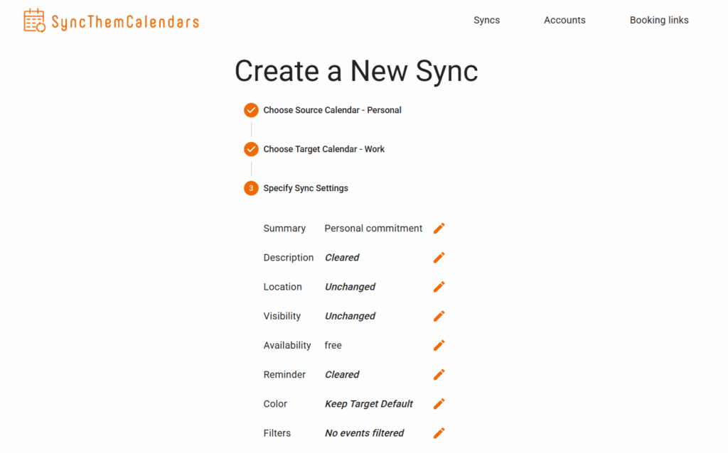 The "Create a new sync" page in SyncThemCalendars, showing the ability to override event values
