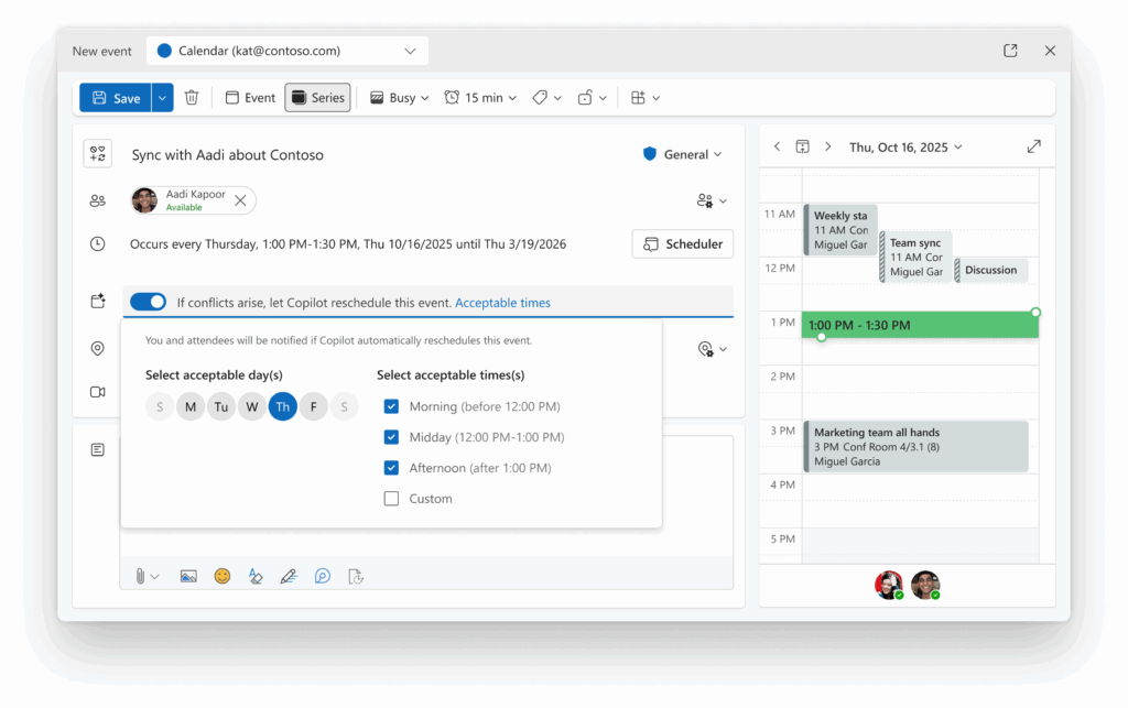 Auto-rescheduling events in Outlook via Copilot