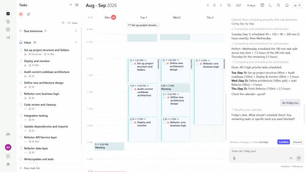 Motion's calendar interface, showing a task list on the left, tasks time blocked into the calendar in the middle, and an AI chat assistant on the right