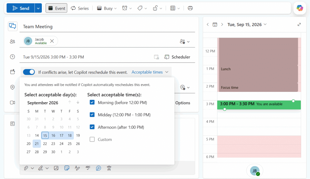 Creating an event in Outlook with Copilot's auto-rescheduling feature