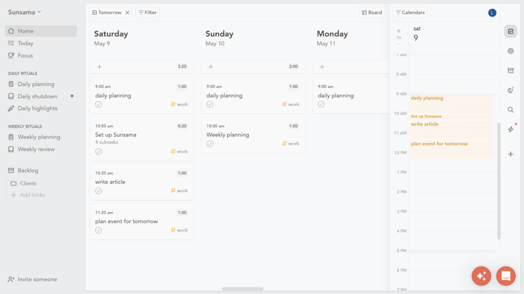 Sunsama's Home view. The board view is shown on the left and the calendar is on the right.