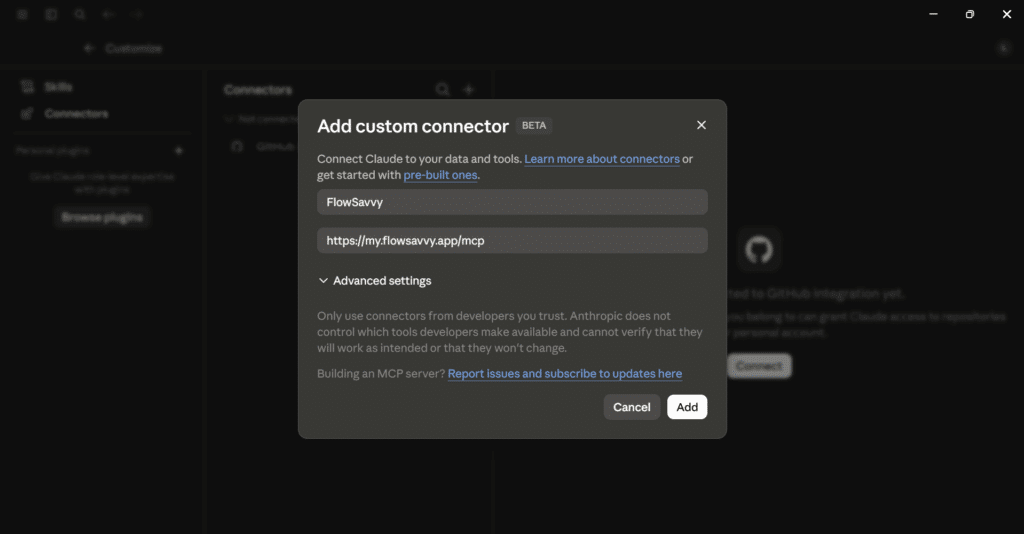 Claude’s "Add custom connector" dialog with Name set to FlowSavvy, URL set to https://my.flowsavvy.app/mcp
