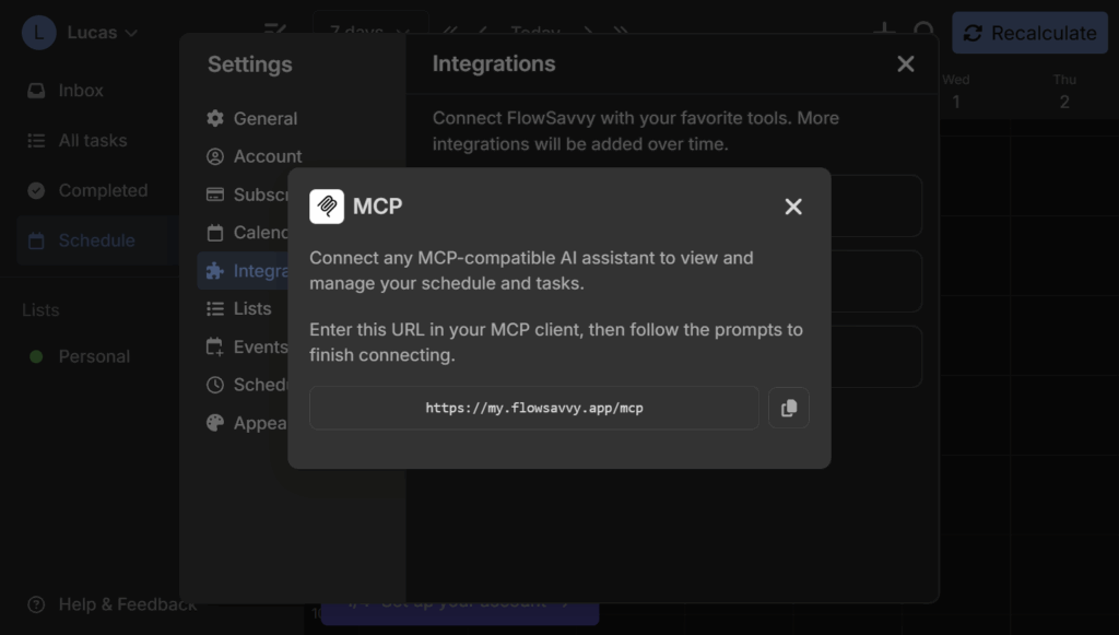 FlowSavvy Integrations settings with the MCP dialog open, showing instructions to connect an AI assistant and a copyable URL field for https://my.flowsavvy.app/mcp