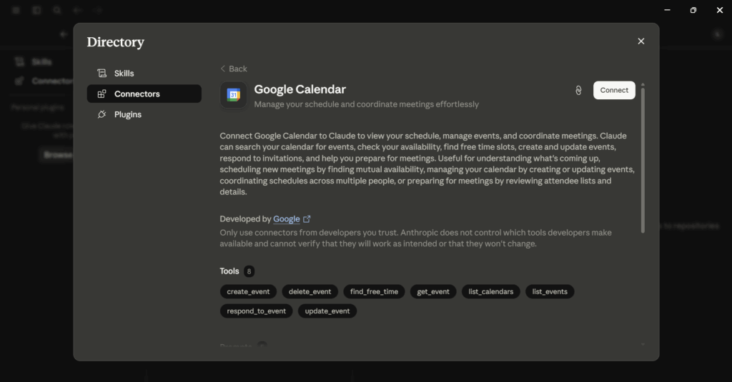 Claude connector directory showing the Google Calendar integration page with a Connect button
